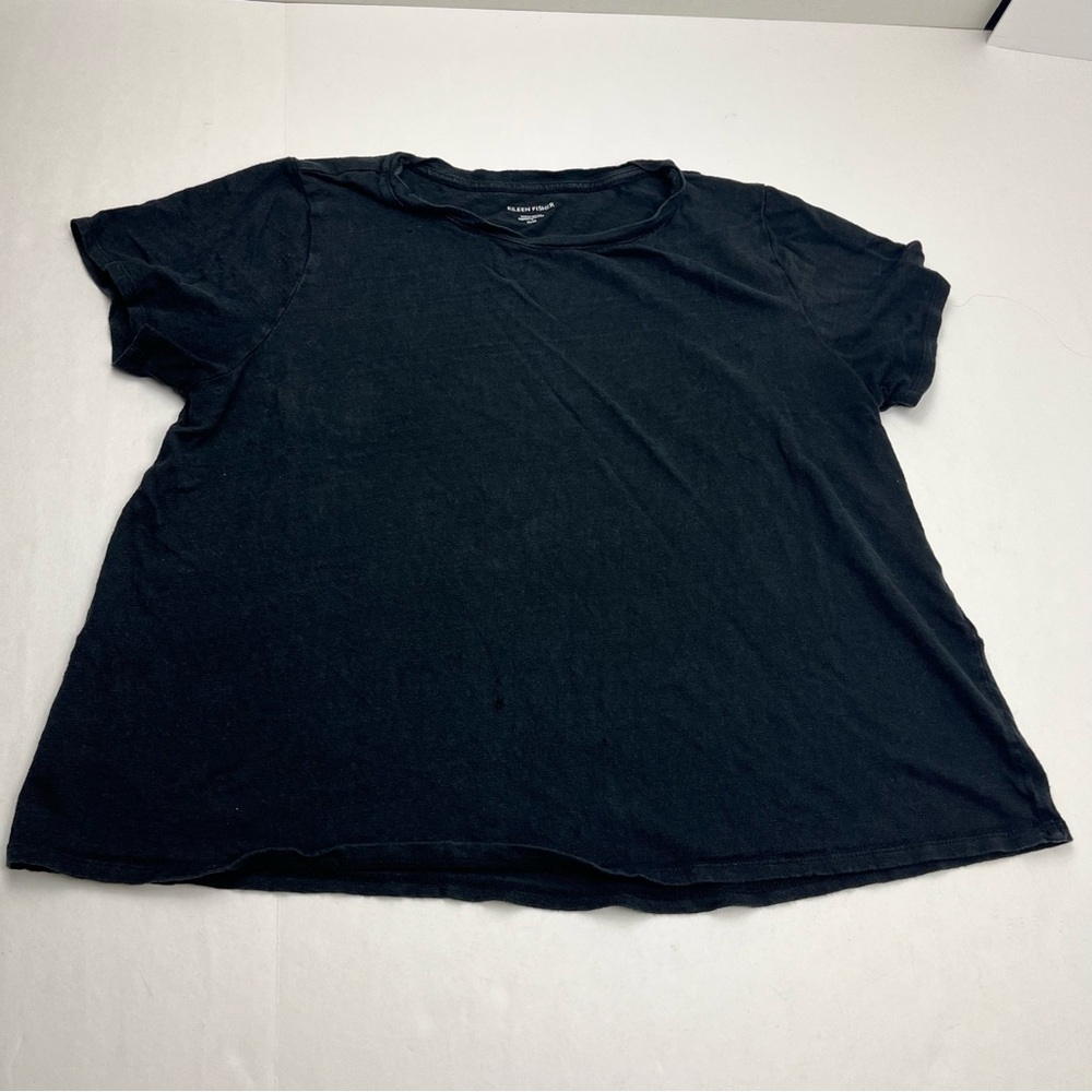 Eileen Fisher 100% Organic Linen Womens SZ Medium Black Short Sleeve Shirt *FLAW